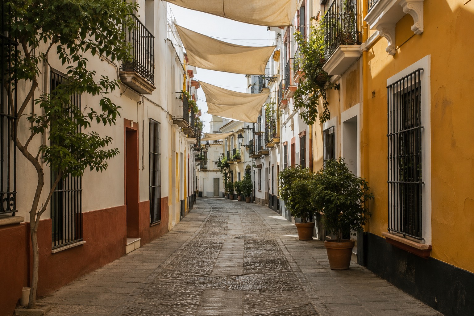 Schmale Gasse in Sevilla mit Sonnensegeln zwischen den Häusern und Topfpflanzen an den Fassaden