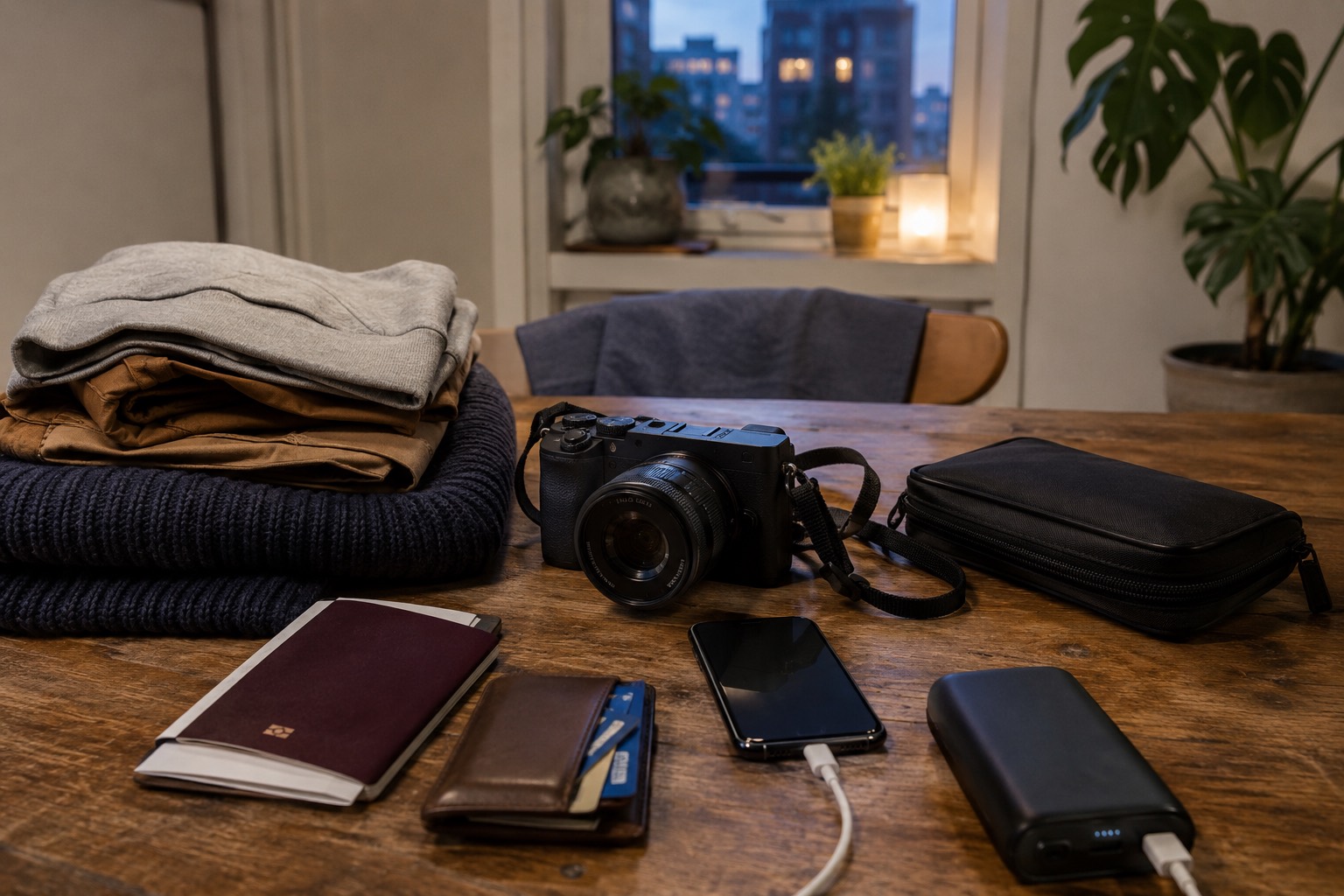 Küchentisch am Abend vor einer Reise mit gefalteter Kleidung, Kamera, Reisepass, Portemonnaie, Handy am Ladekabel und Powerbank
