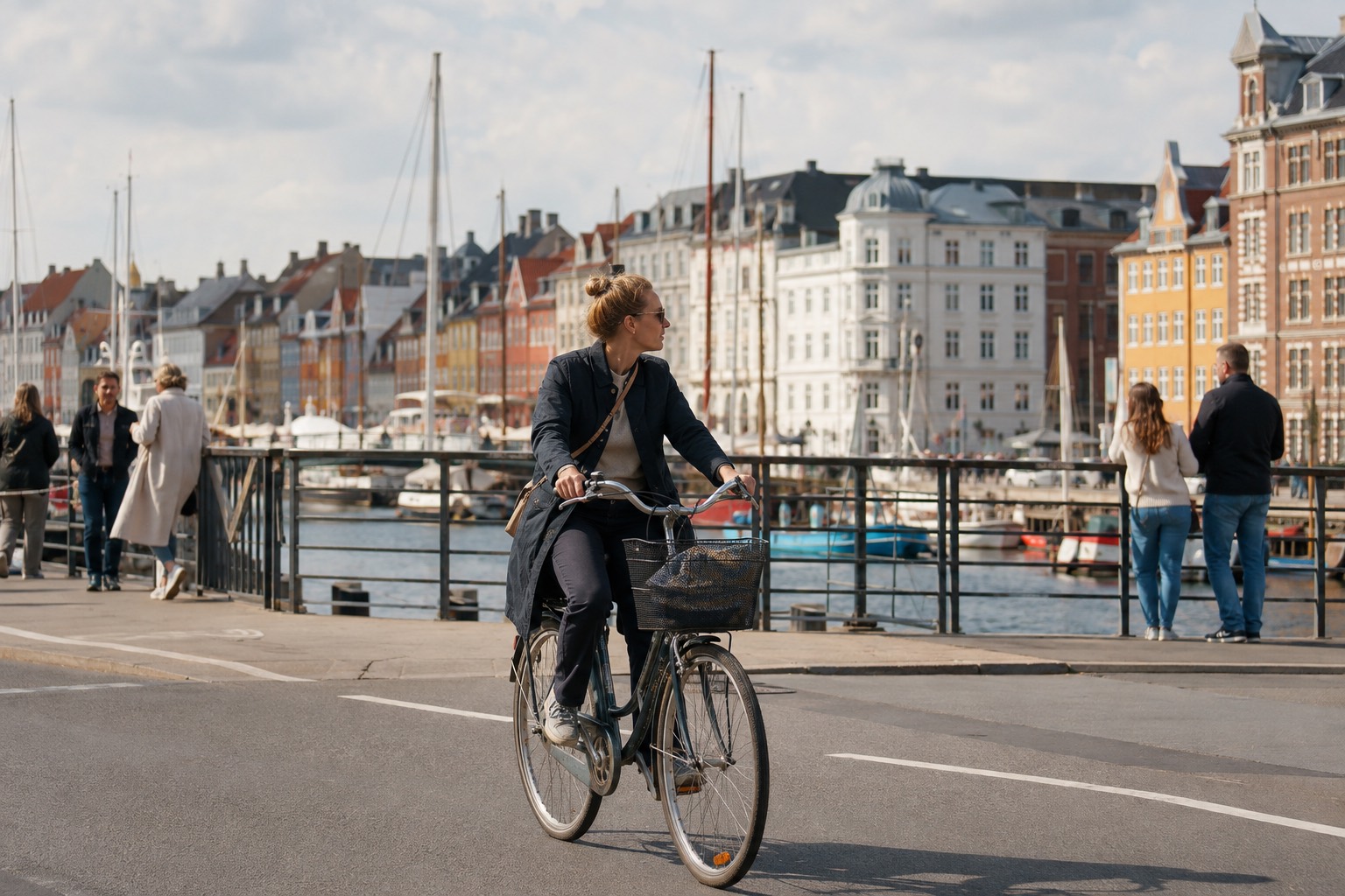Radfahrer auf einer Brücke am Nyhavn in Kopenhagen, im Hintergrund bunte Hausfassaden und Bootsmasten