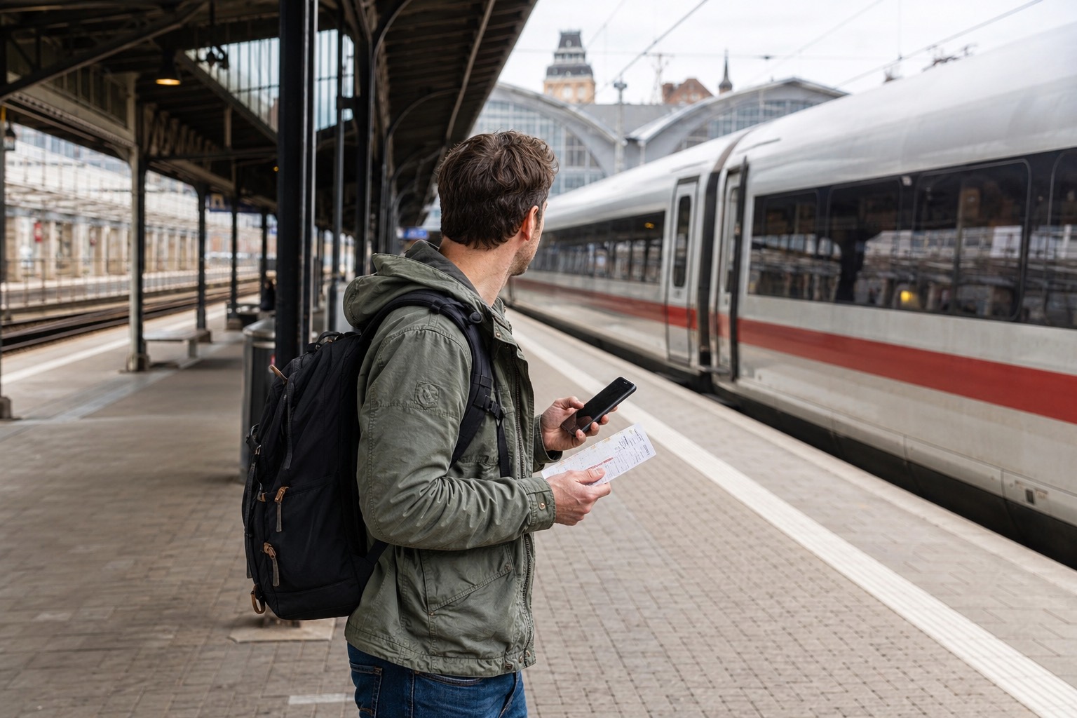 Reisender mit Rucksack, Handy und Papierticket auf einem Bahnsteig, an dem ein Hochgeschwindigkeitszug steht